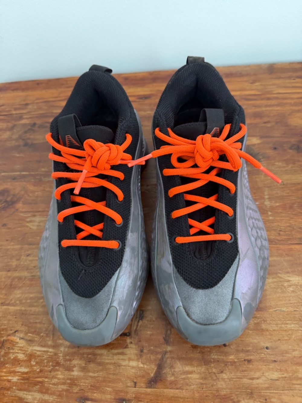 Addidas size 4.5 Chunky Metallic Gray Sneakers with Bright Orange Laces